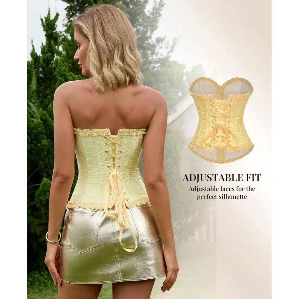 Women's Yellow Iris Corset Tops Bustier Lingerie Lace Waist Push Up Bodysuit - Picture 7 of 7